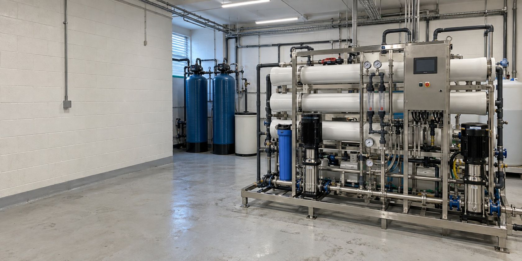 Planta de osmose reversa instalada em sala técnica